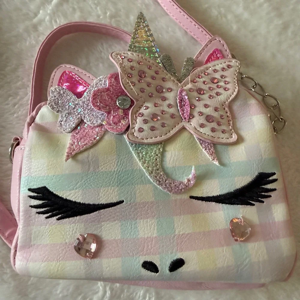 OMG Accessories Unicorn Crossbody‎ Purse Pink Plaid Butterfly Rhinestone Girls